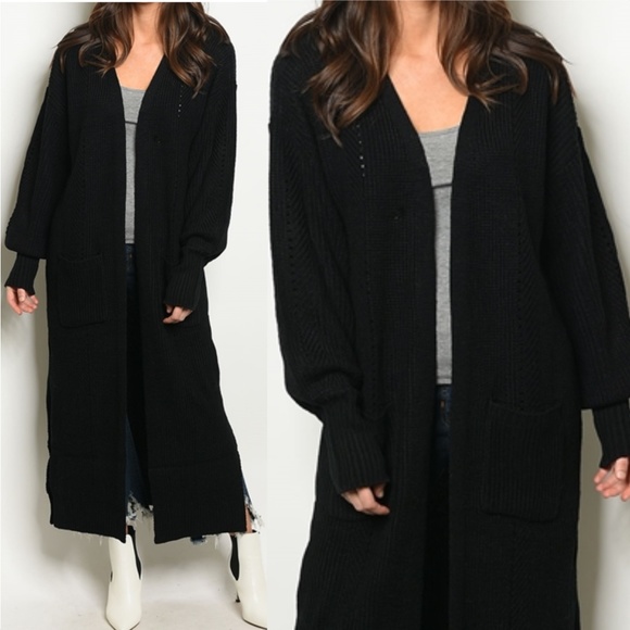 LONG LINE BLACK KNIT CARDIGAN - Picture 2 of 4
